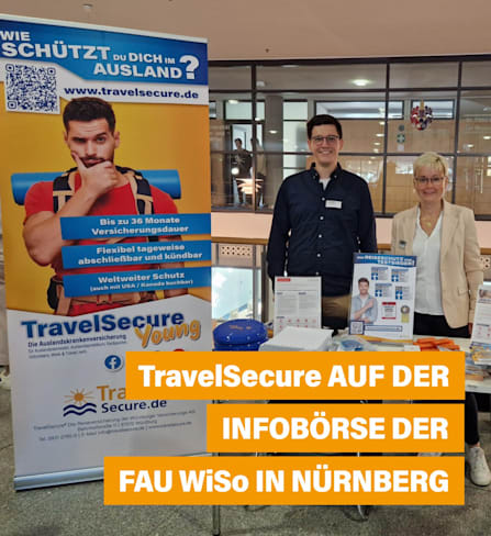 Team von TravelSecure mit Andrea Scheuermann und Dr. Michael Dimmer auf der Infobörse  FAU WiSo Nürnberg