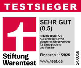 Grafik Finanztest 2025 SEHR GUT Auslandskrankenversicherung Familie & Einzel