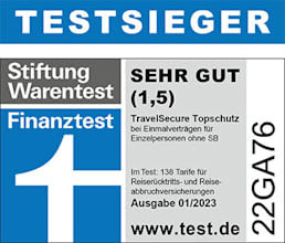 TravelSecure Topschutz (Reiserücktritt + Reiseabbruch) Einzelpersonen Testsieger Note SEHR GUT (1,5) TravelSecure Topschutz (Reiserücktritt + Reiseabbruch) Einzelpersonen Testsieger Note SEHR GUT (1,5)